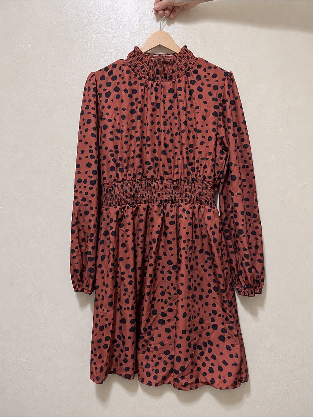 Fimarsted Women’s XL Rust Black Spotted Long Sleeve Smocked Waist Dress